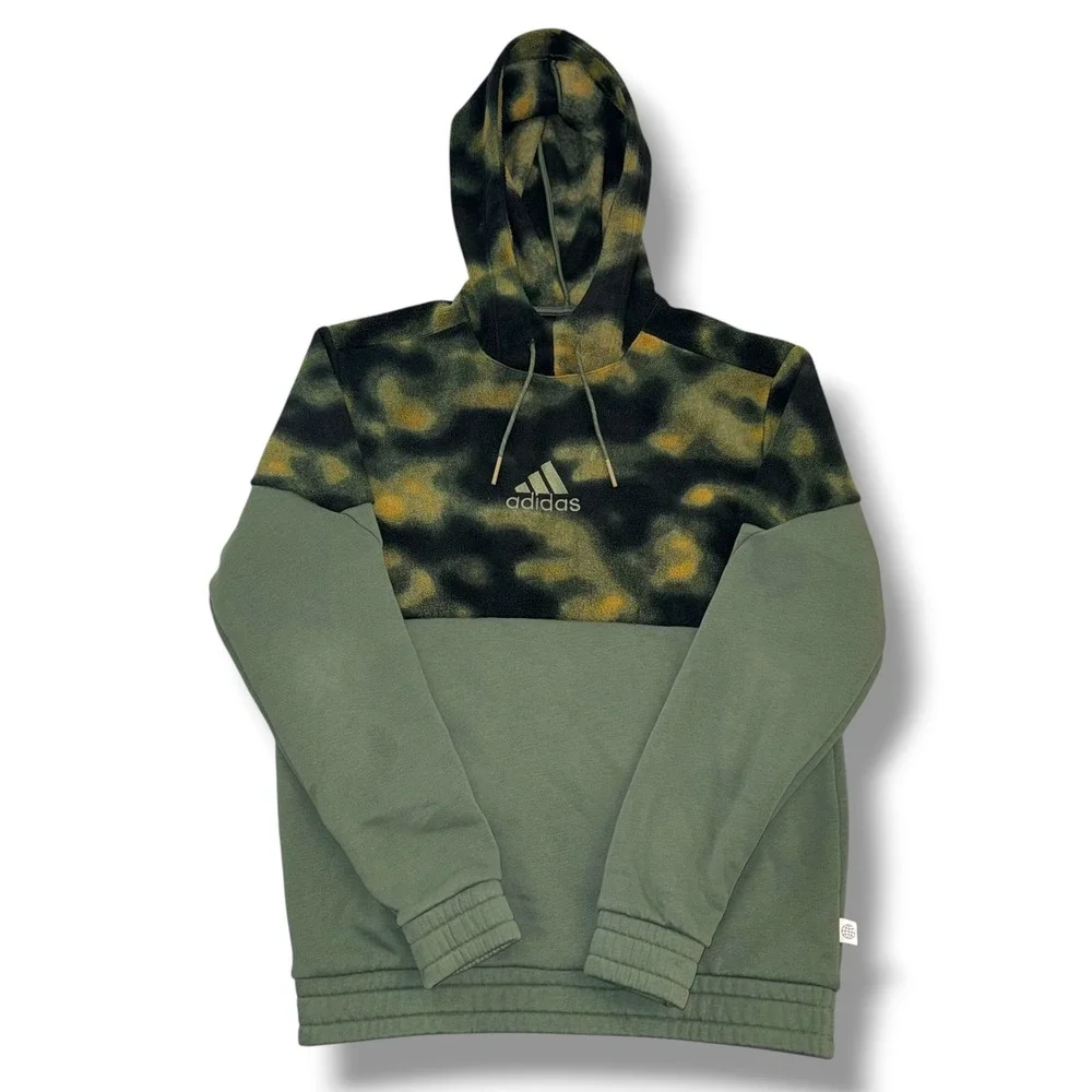 Adidas Hoodie Mens Medium Green Camo Fleece Colorblock Pullover Embroidered Logo